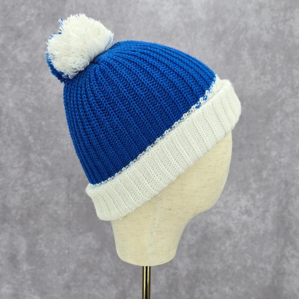 Blue White Pom Pom Crochet Knit Bucket Cap Hat Fun Vintage Y2K‎ Funky Beanie